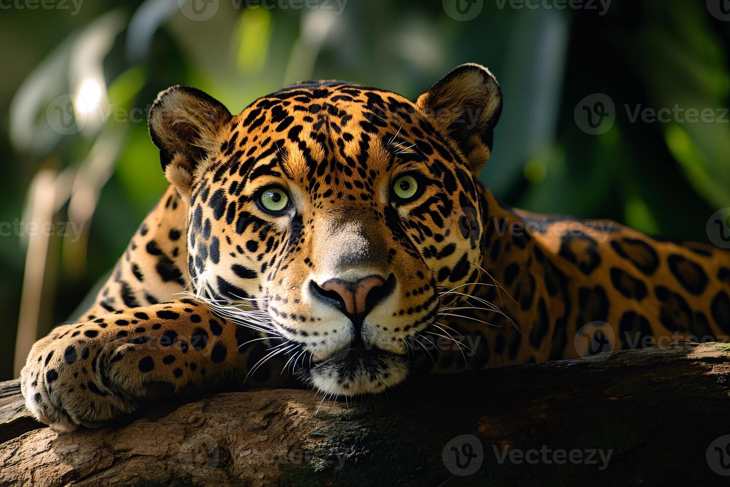 Jaguar resting on a branch, staring with intense green eyes photo