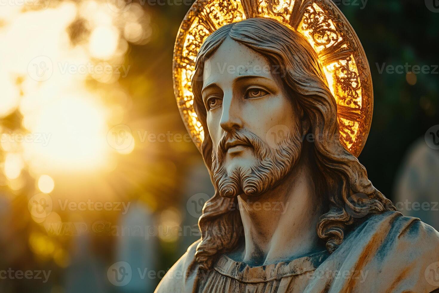 Ancient statue of Jesus Christ with golden halo during sunset photo