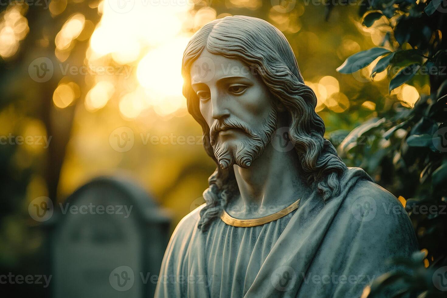 Majestic statue of Jesus Christ illuminated by golden sunlight in a serene garden photo