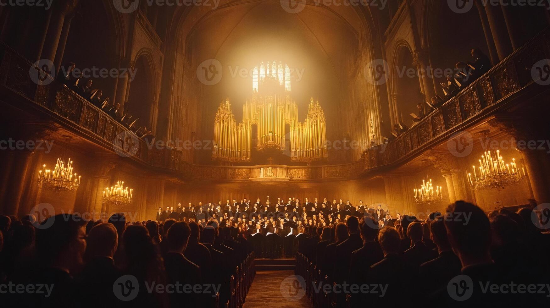 Choir singing in illuminated church during classical music concert photo