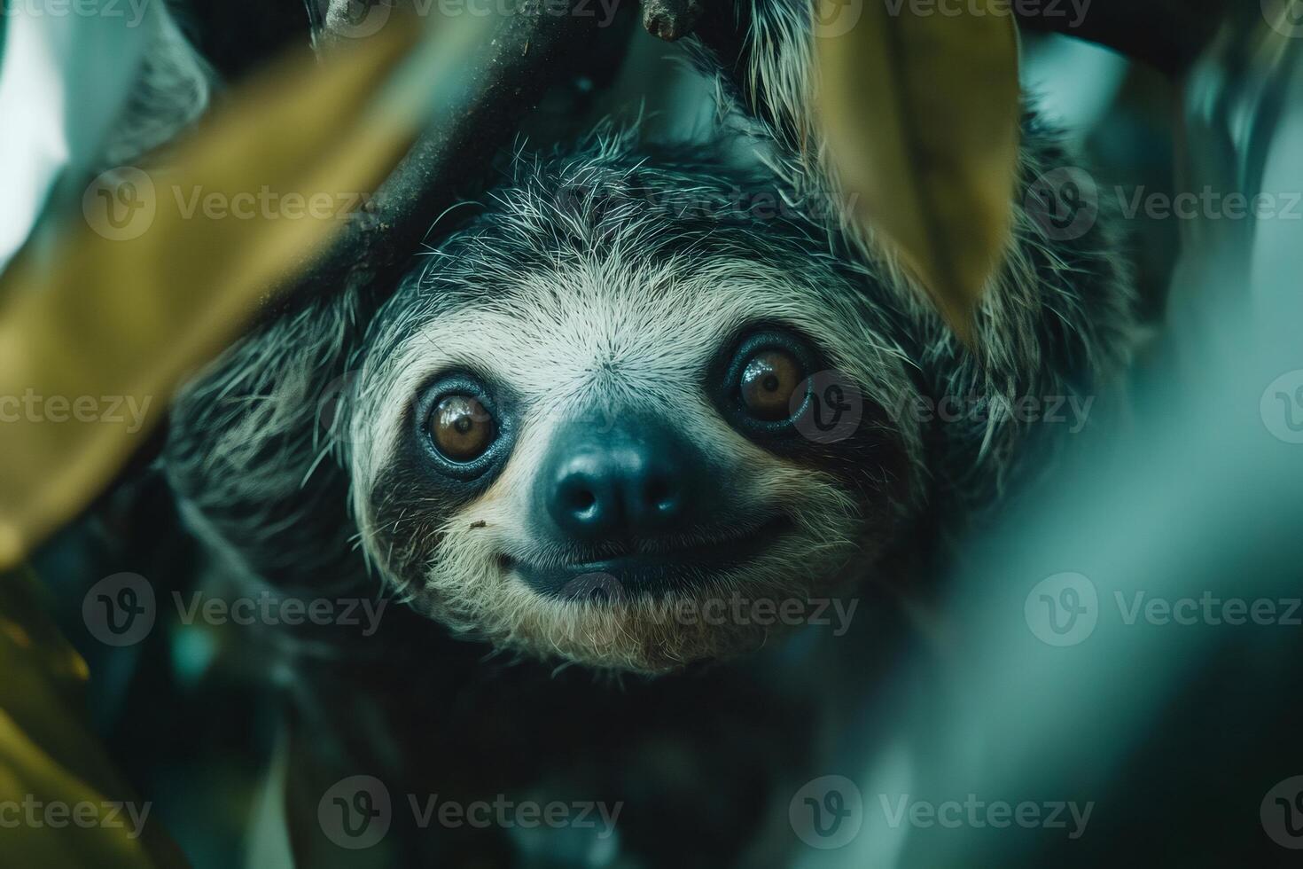 Funny sloth hanging on a tree branch looking at camera photo