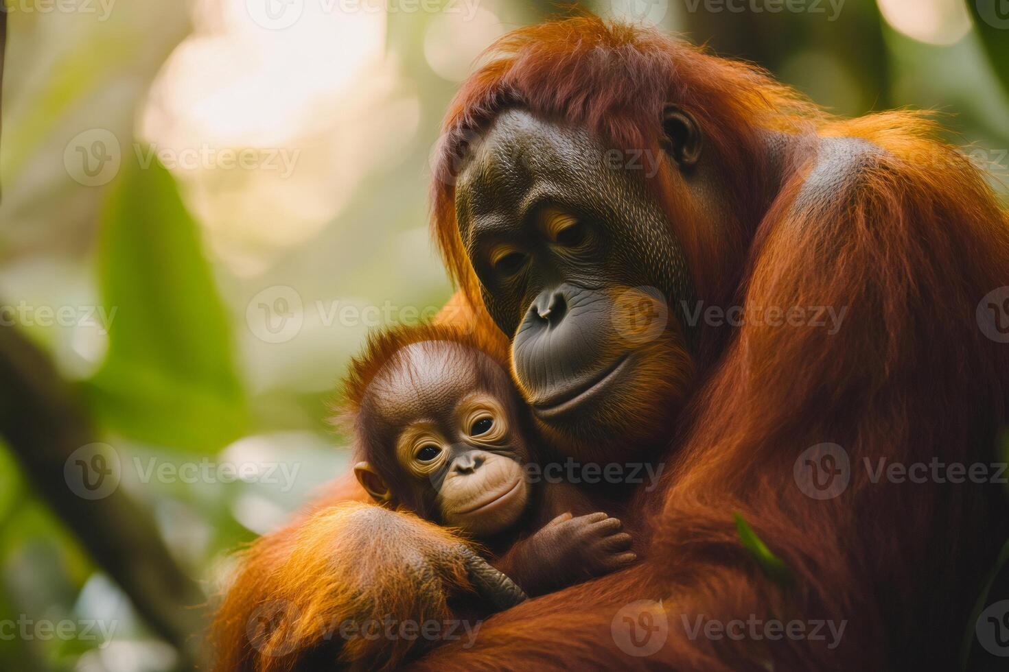 Mother orangutan embracing her baby in the rainforest. photo