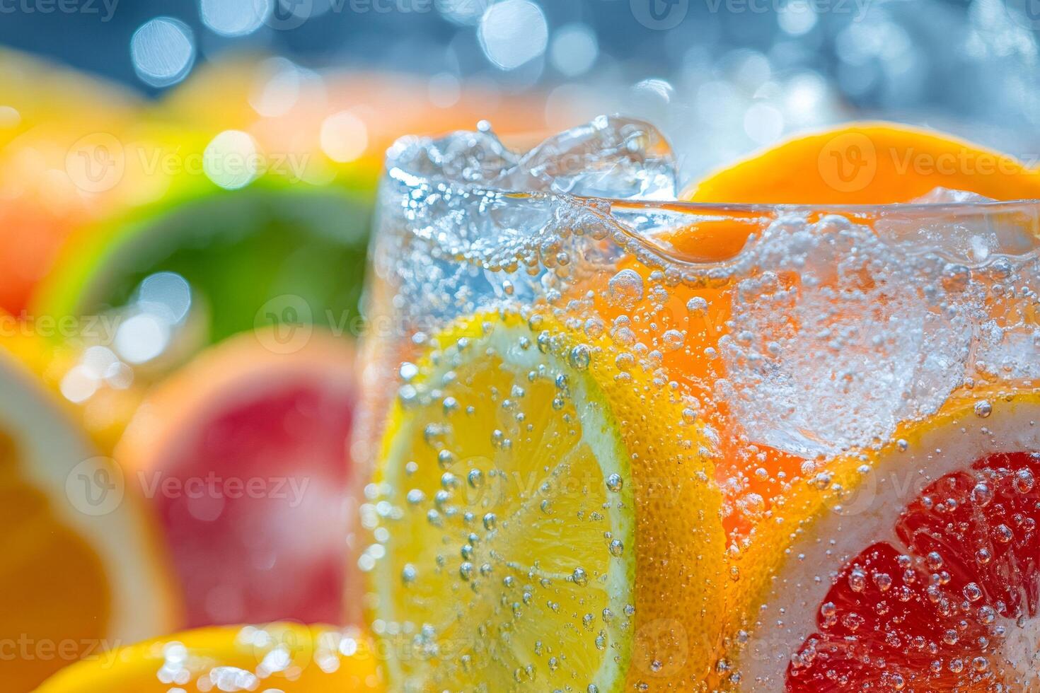 Refreshing citrus fruits sparkling water with ice cubes photo