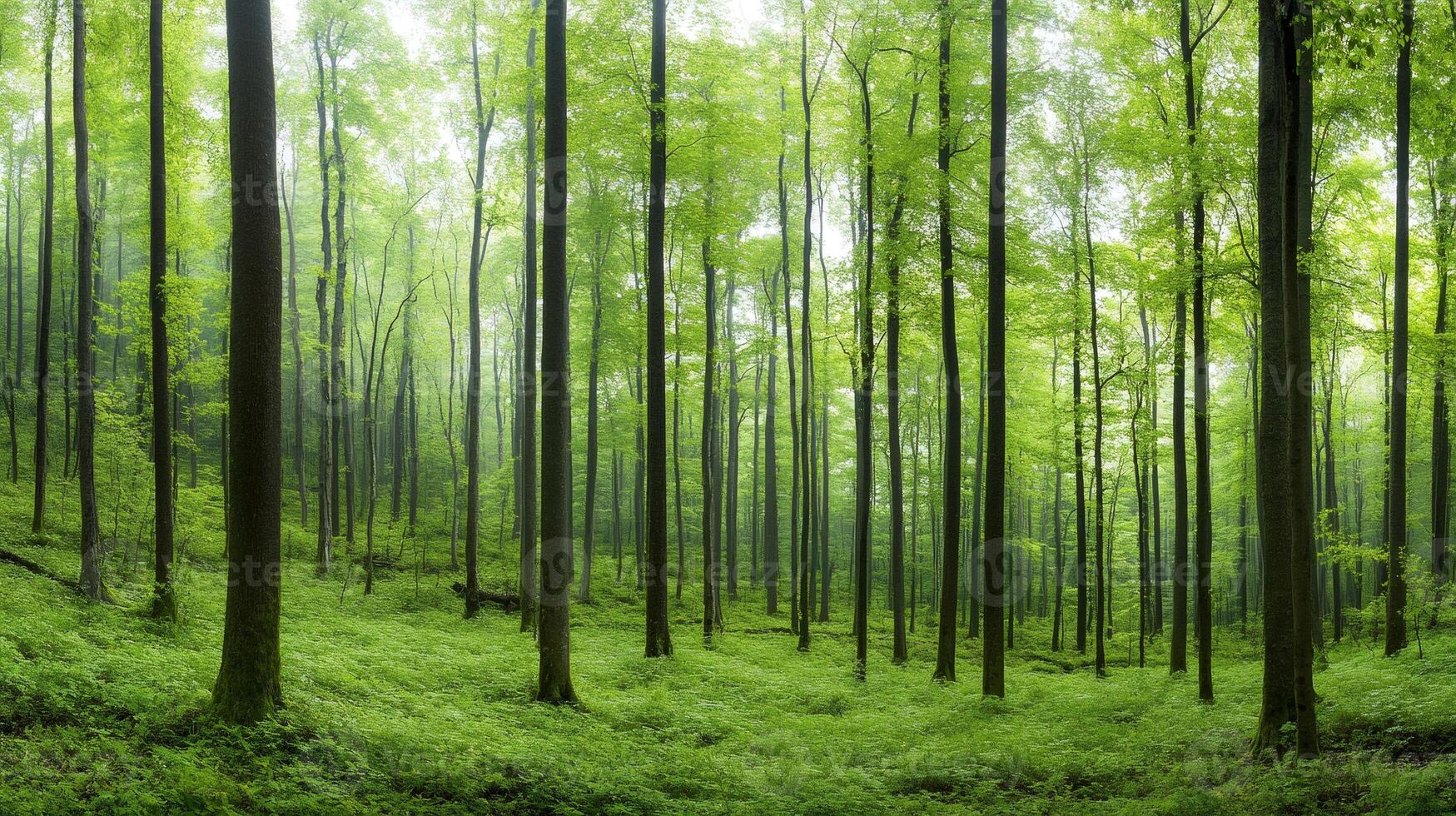Lush green forest floor covered in vegetation with tall trees reaching for the sky photo