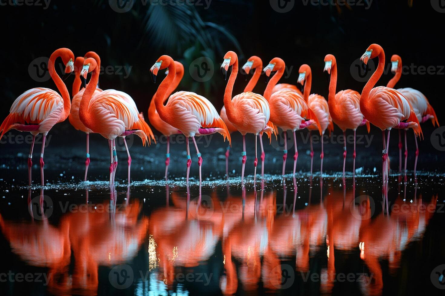 Group of pink flamingos standing in water with reflection photo