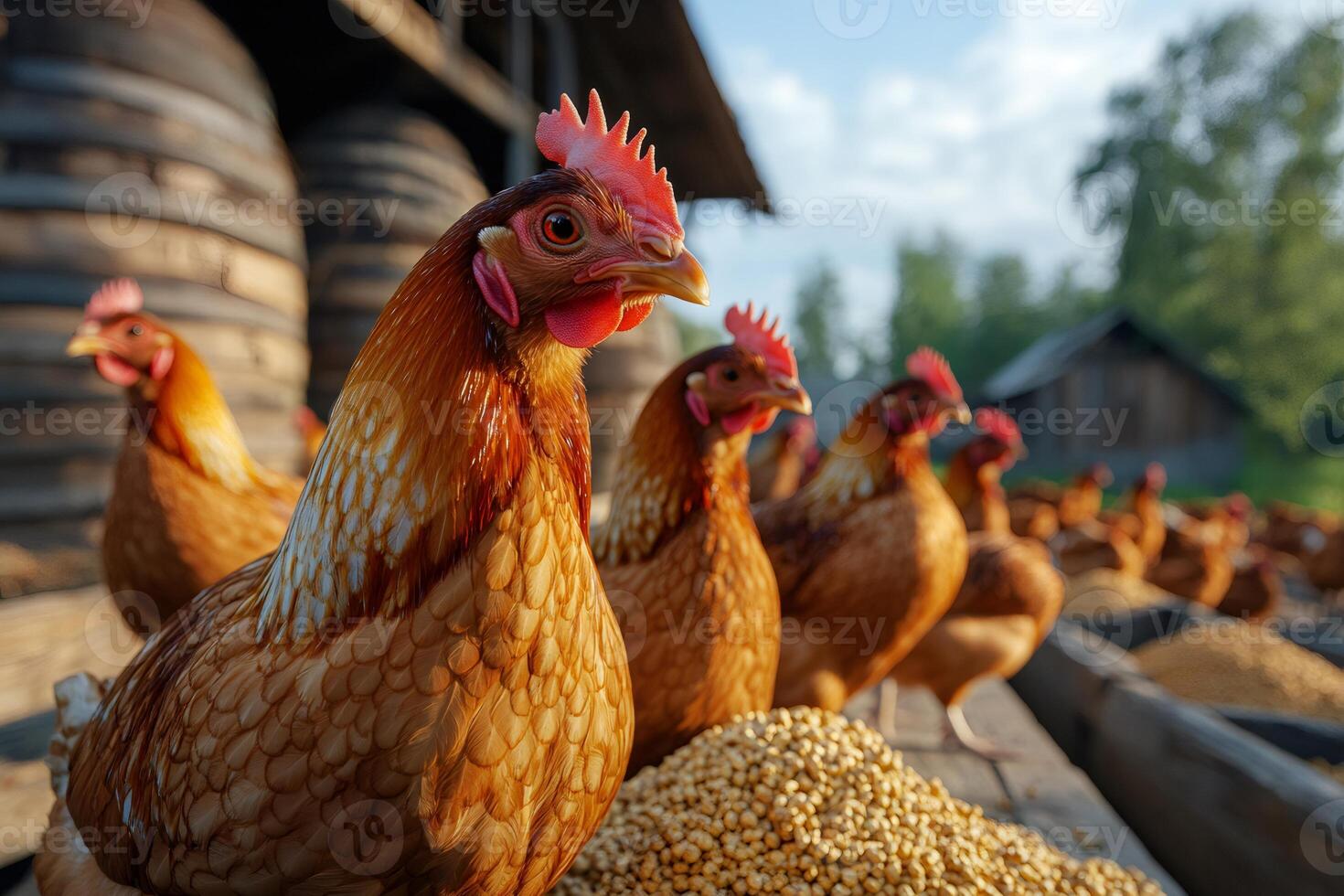 Hens eating cereals in a chicken coop at sunset photo