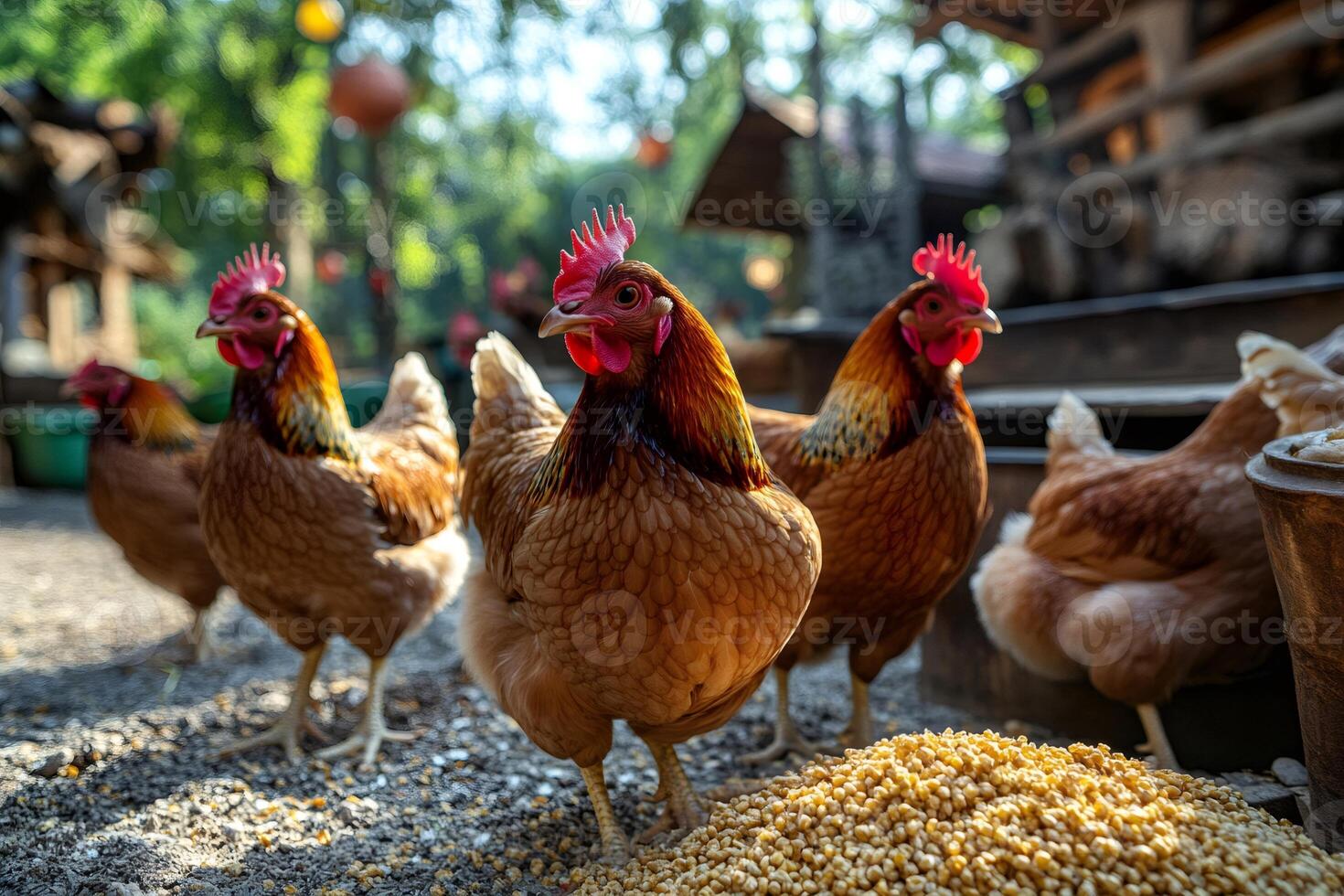 Chickens feeding on corn grains in farmyard photo