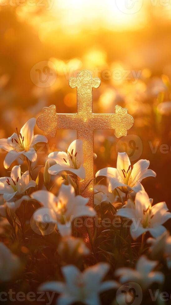 Glowing cross standing in a field of lilies at sunset photo