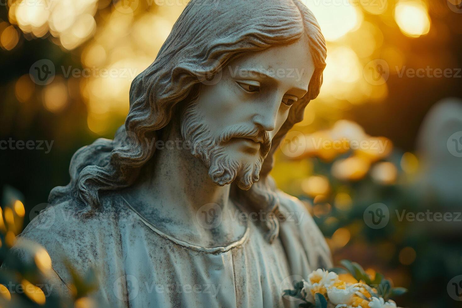 Ancient stone statue of Jesus Christ looking down in a garden at sunset photo