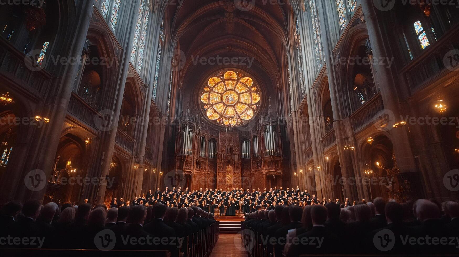 Choir singing in magnificent gothic cathedral during classical music concert photo
