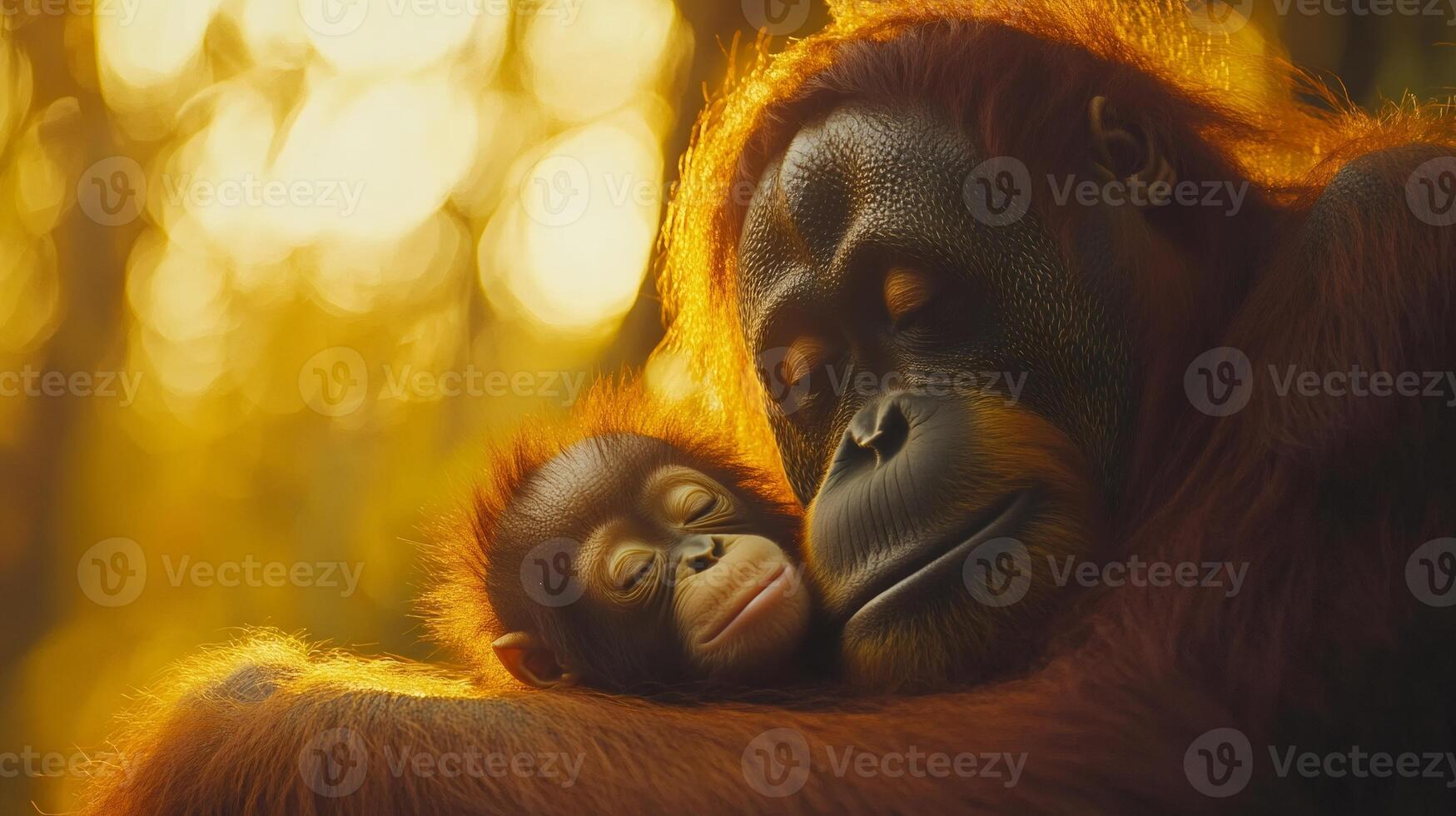 Mother orangutan embracing her sleeping baby at sunset photo
