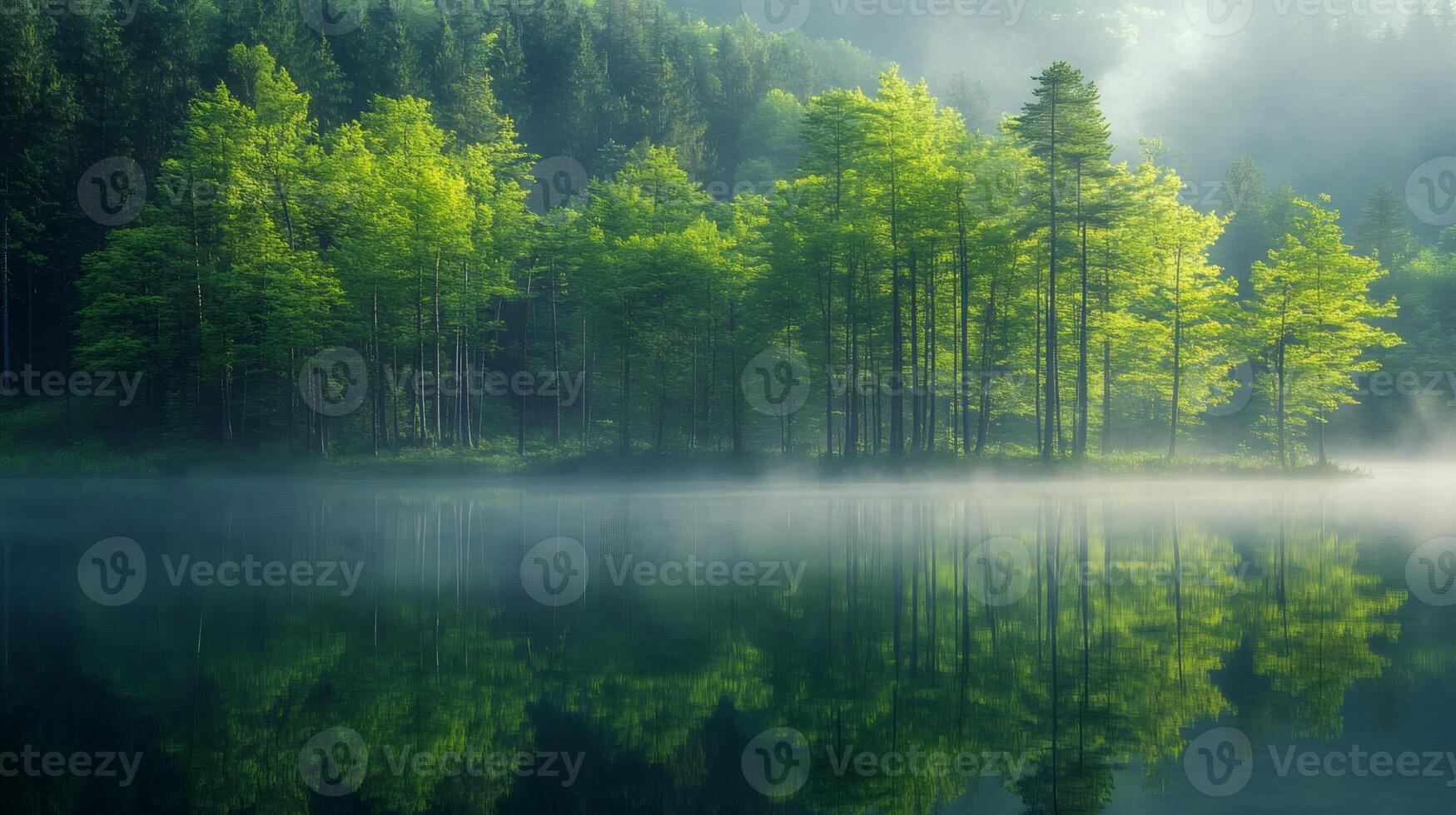 Morning mist reflecting in a lake surrounded by green trees photo