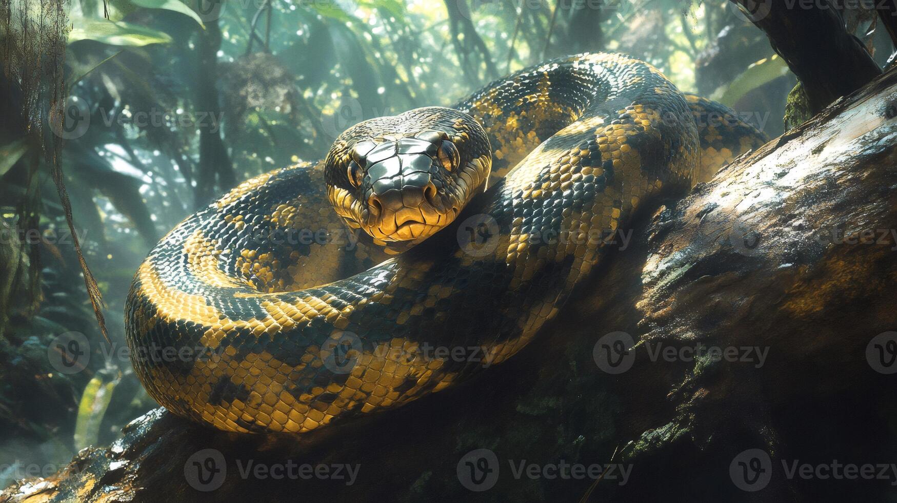 Large python resting on a branch in the rainforest photo
