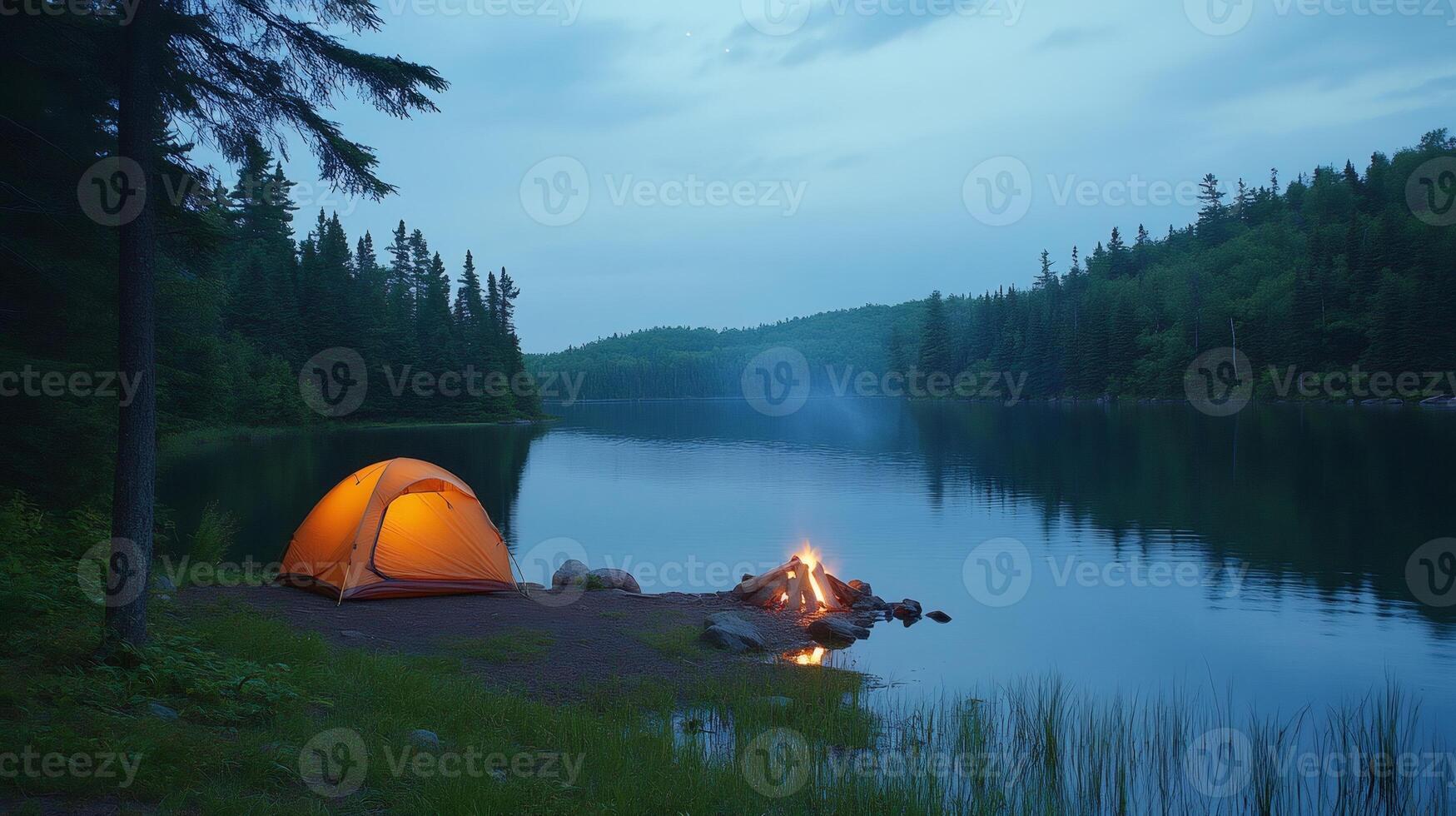 Illuminated tent and campfire by the lake at twilight, creating a peaceful camping scene photo