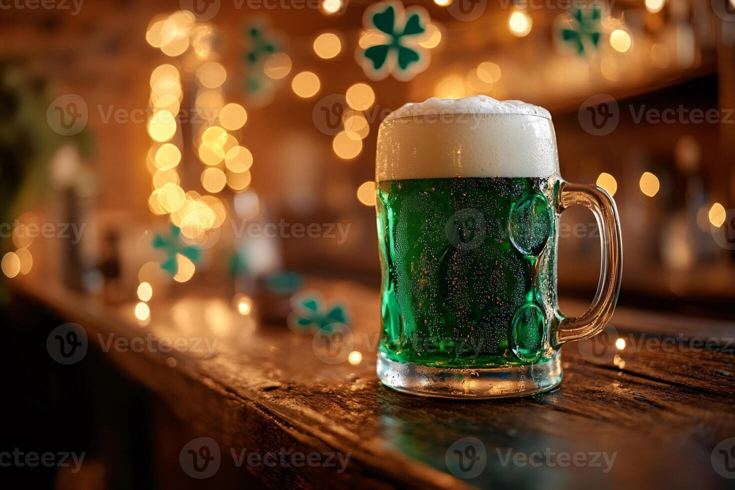 Green beer celebrating Saint Patrick's Day sits on wooden bar counter with shamrocks and festive lights photo