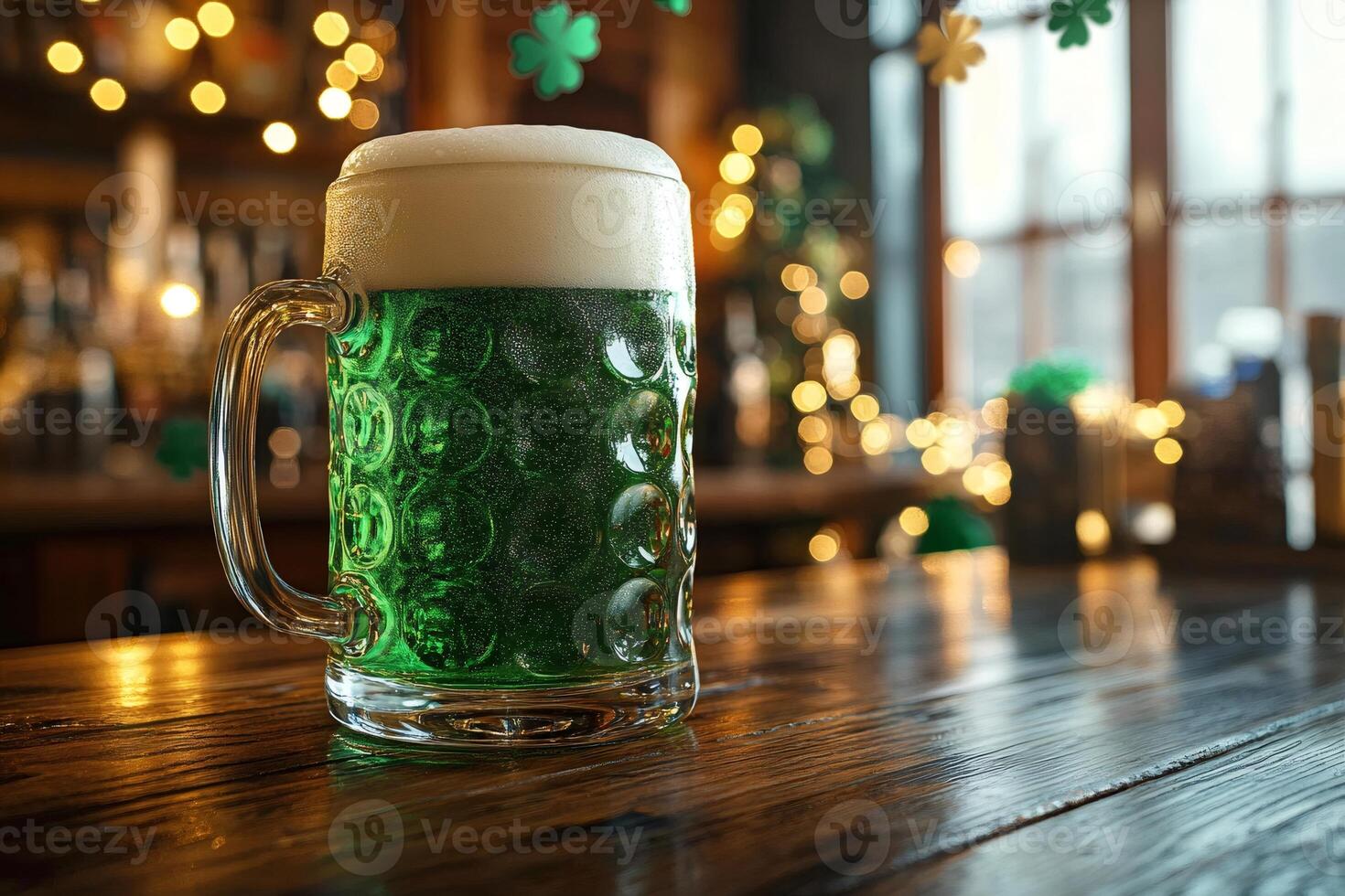 Green beer celebrating saint patrick's day sitting on wooden table in pub photo