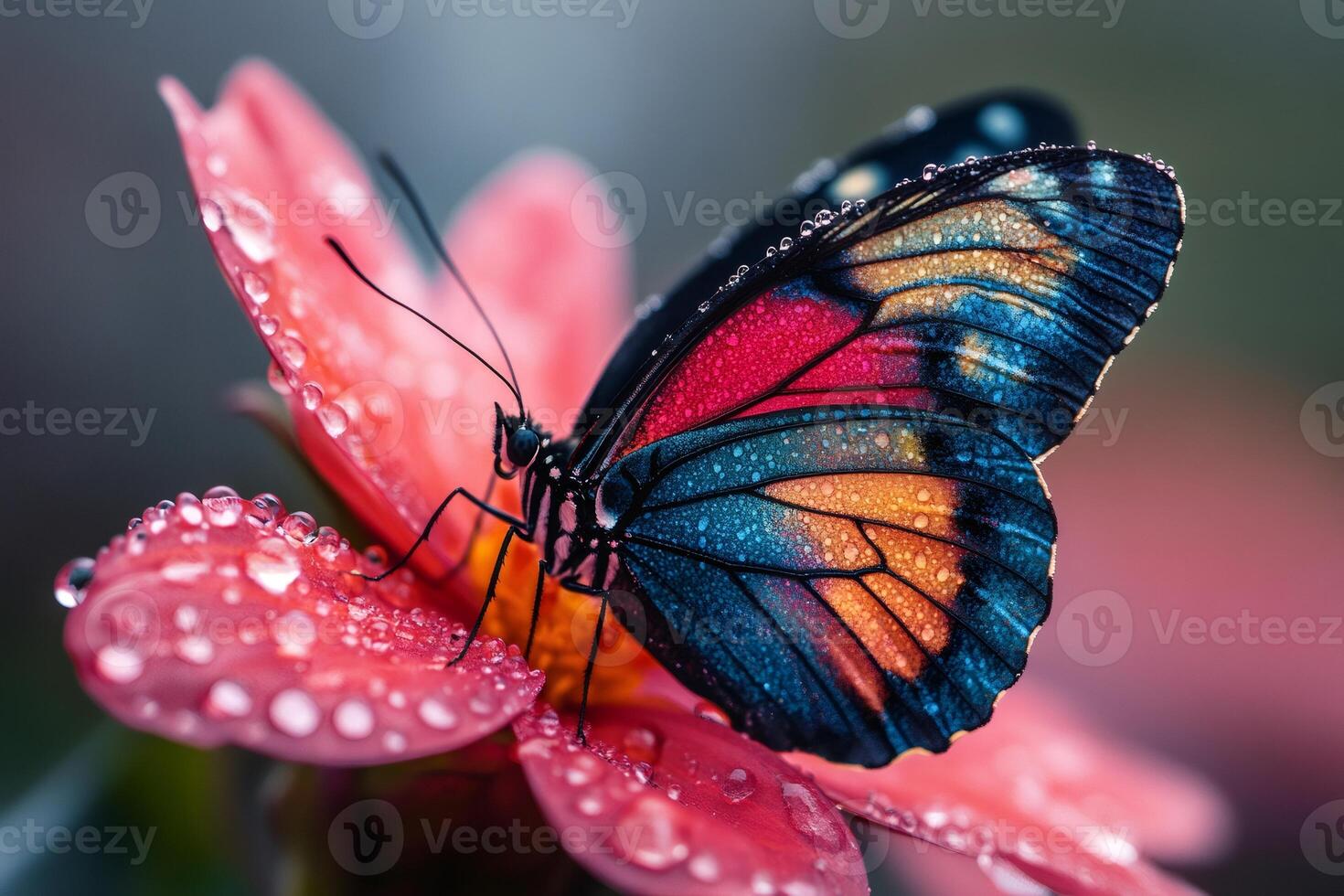 Colorful butterfly drinking nectar from a wet flower photo