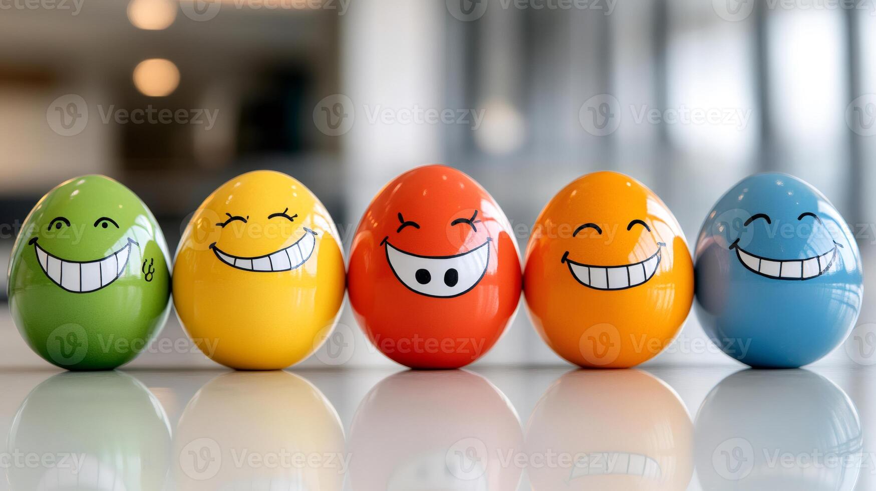Five colorful easter eggs with funny smiles are aligned on a white glossy surface photo