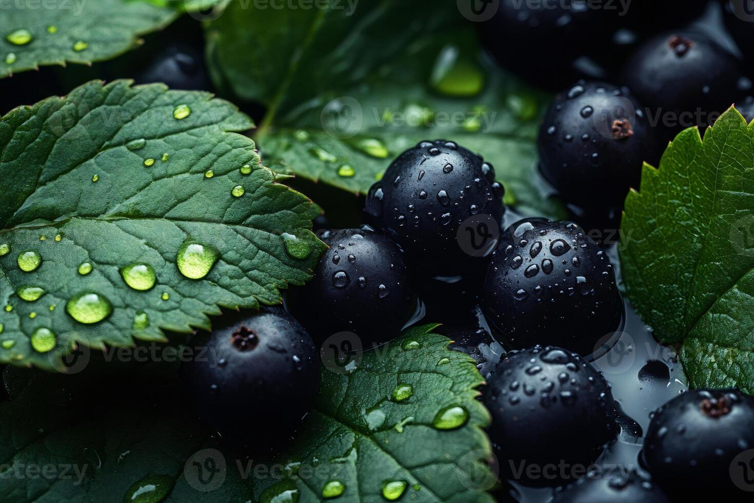 Fresh Black Currants with Dew on Leaves photo