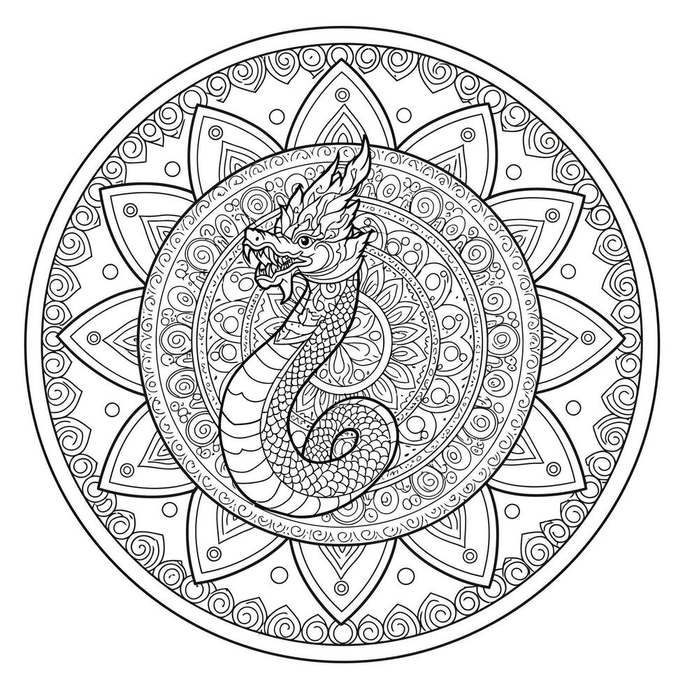 A coloring page with a dragon in the center vector