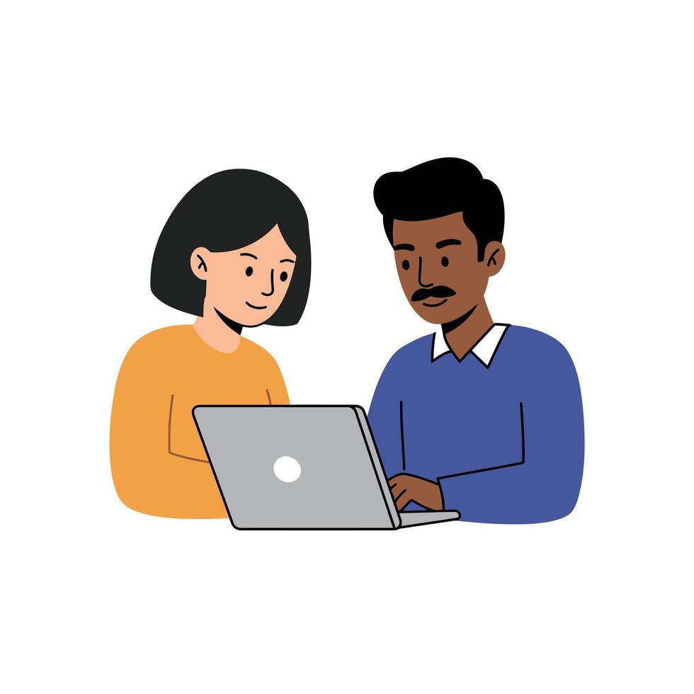 A man and woman are looking at a laptop vector