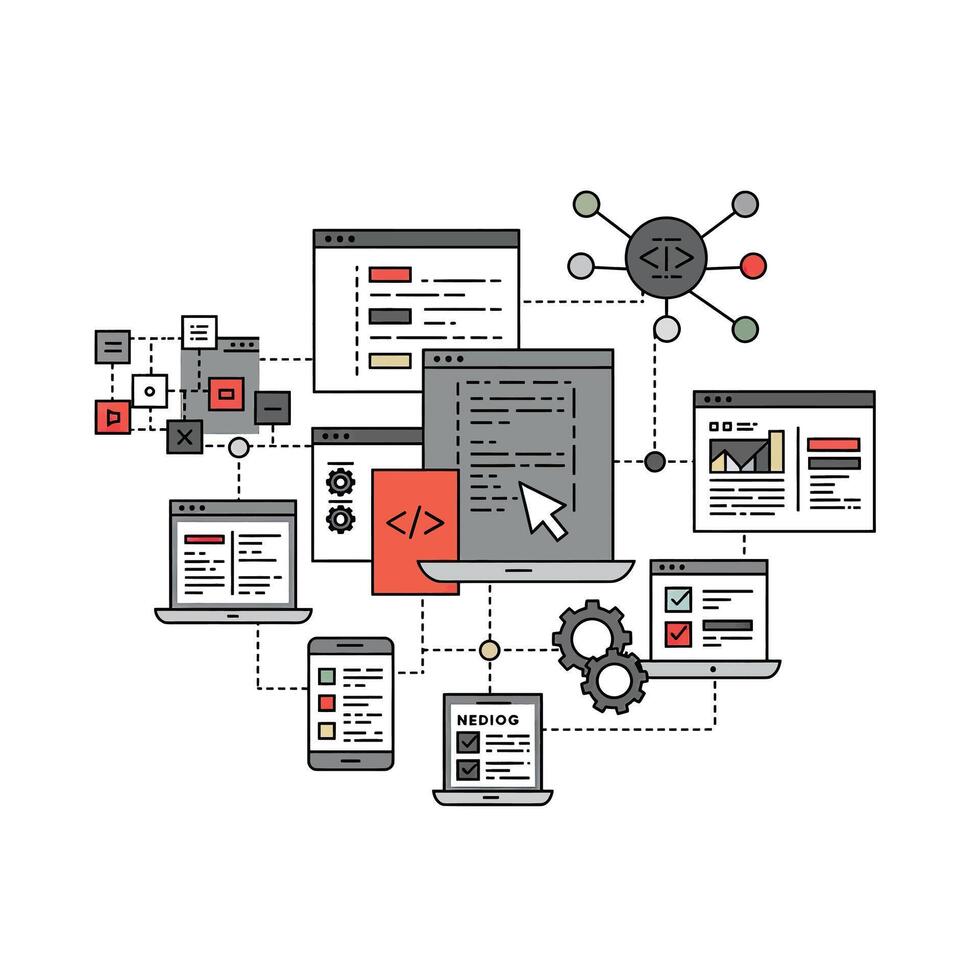 A computer screen with a red button and a web page vector