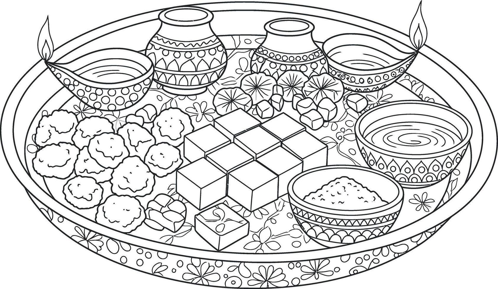 A coloring page with a bowl of food and a bowl of water vector