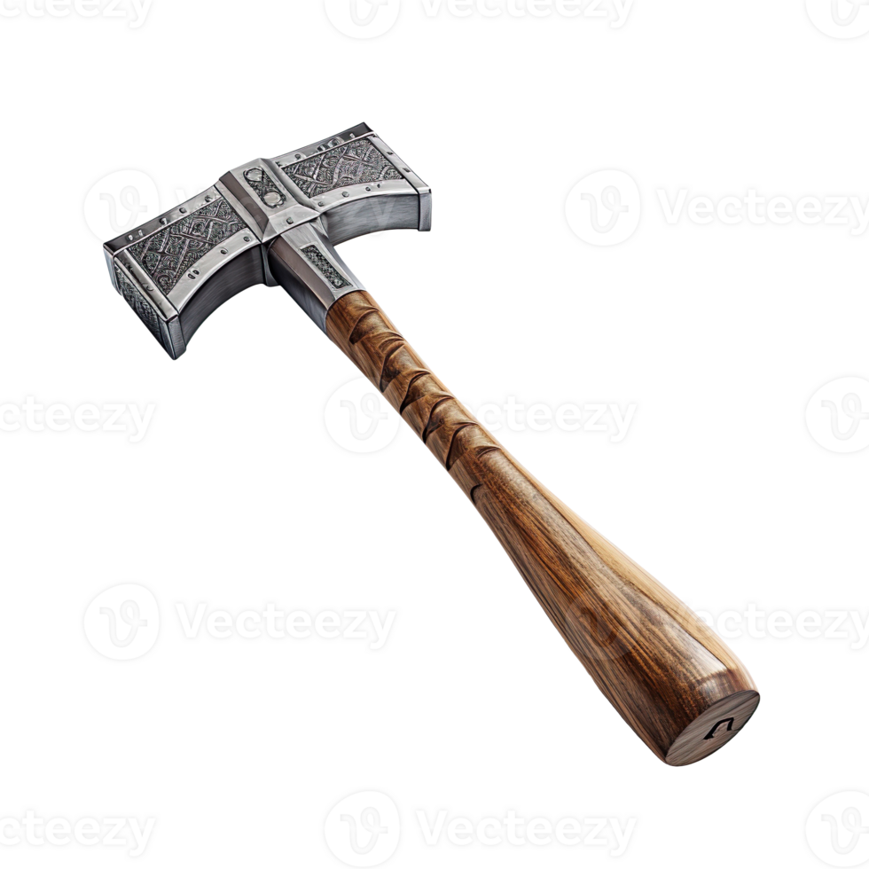 Metal hammer with long wooden handle isolated on transparent background png