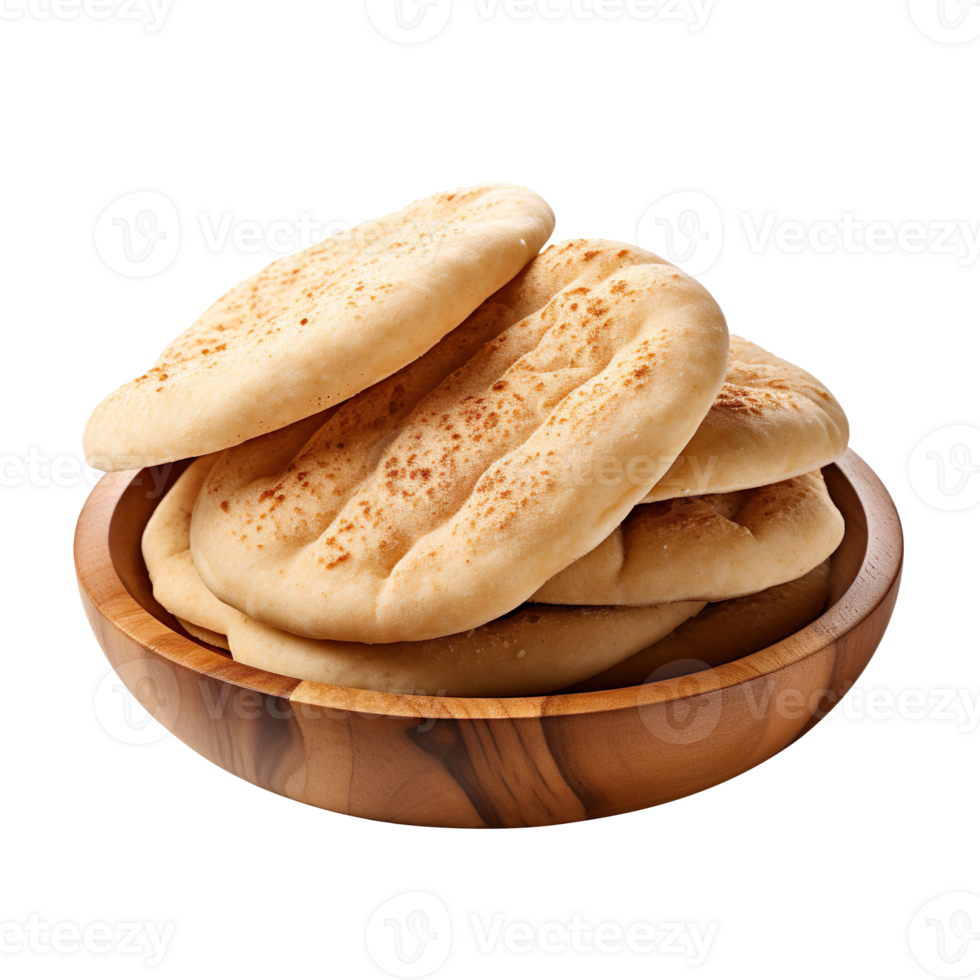 Pitta Bread on a brown wooden plate isolated on transparent and white background png