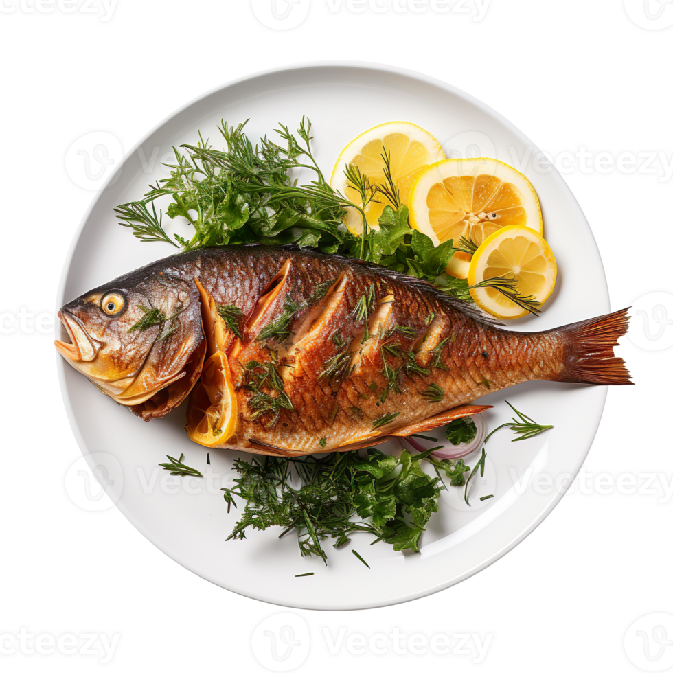 Roasted fish on a plate isolated on transparent background png
