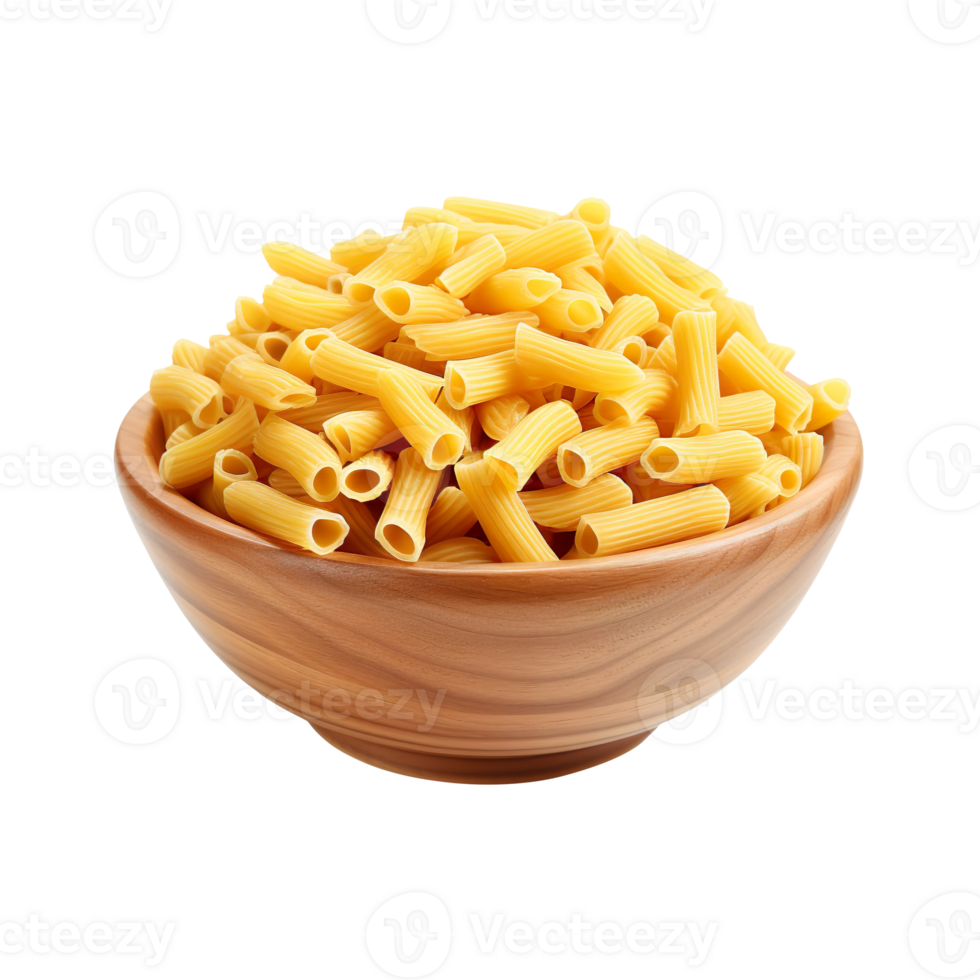 Pile of raw macaroni in wood bowl isolated on transparent background png