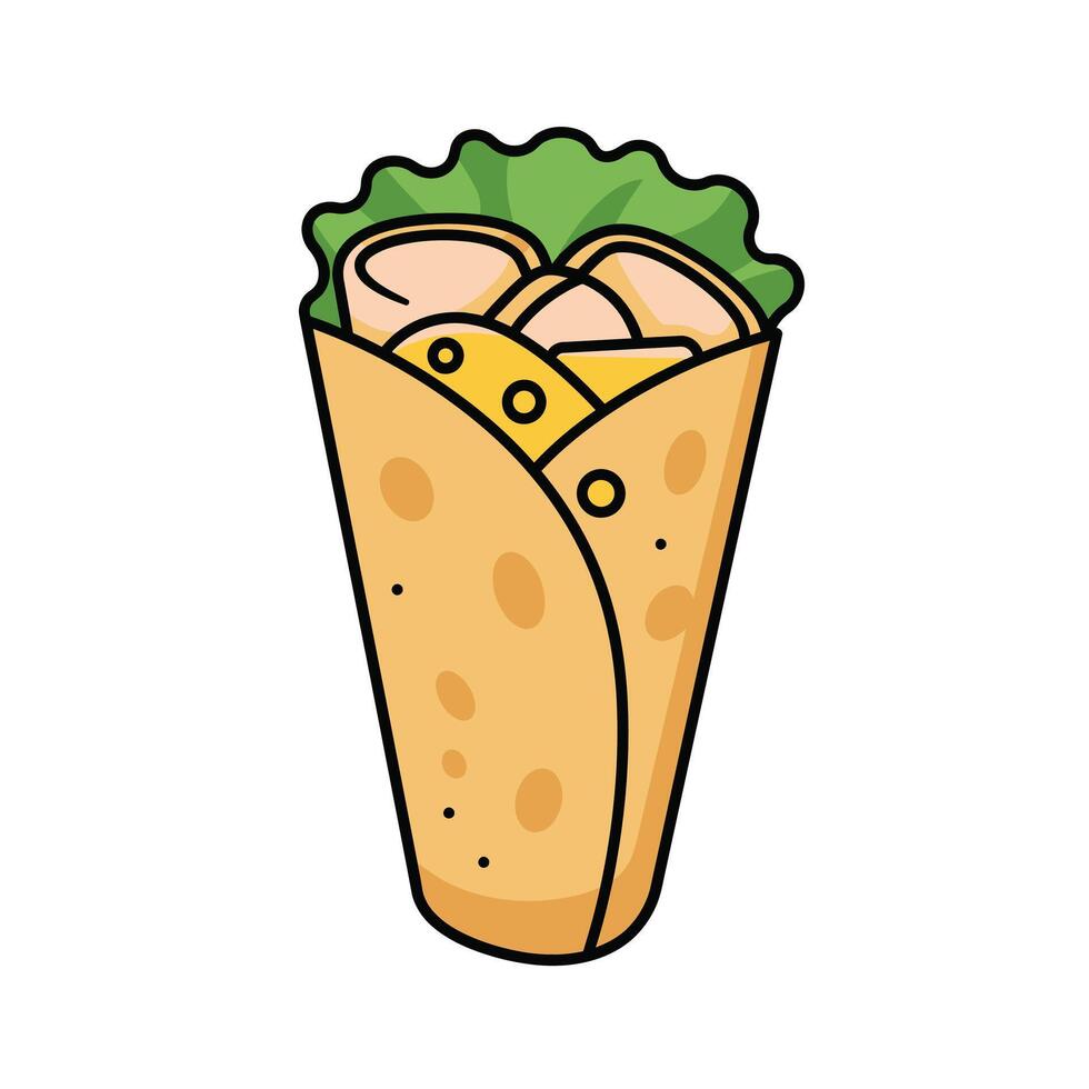 A cartoon illustration of a wrap with cheese and meat vector