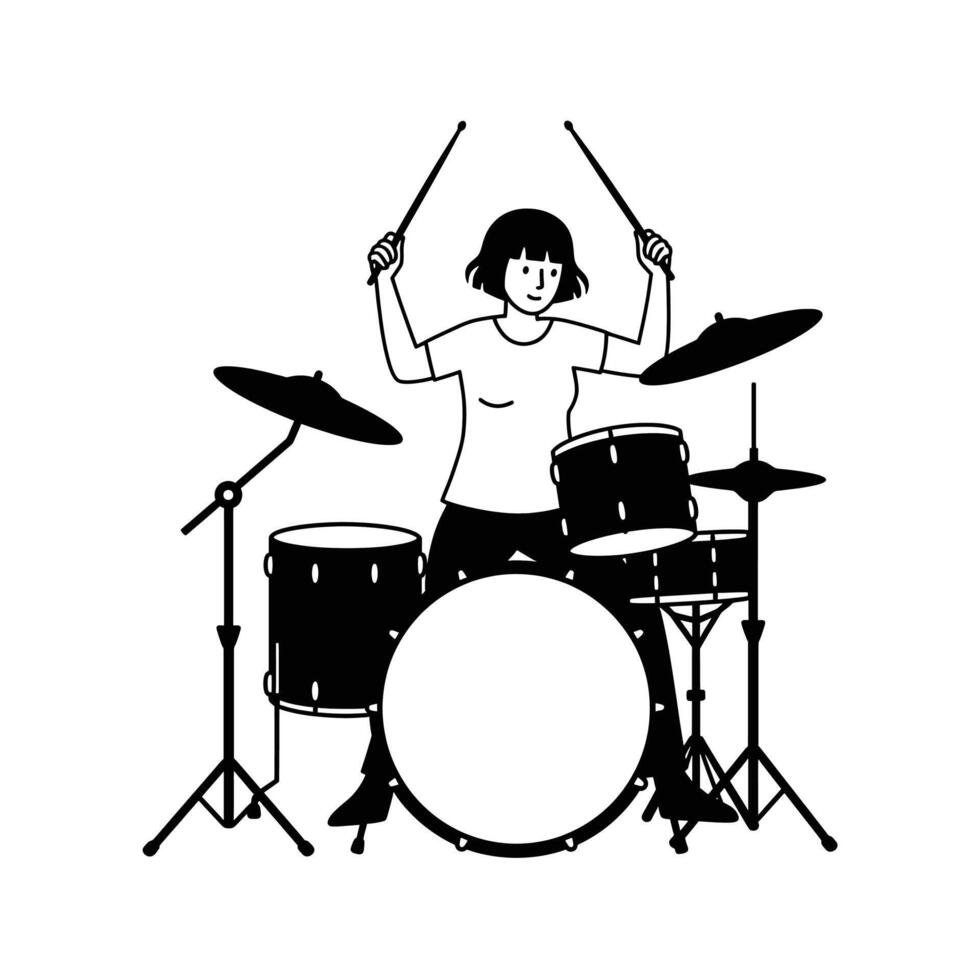 A black and white illustration of a woman playing drums vector