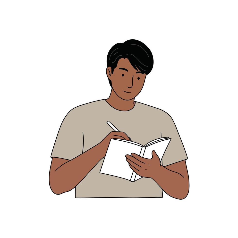 A man is writing in a book and holding a pen vector