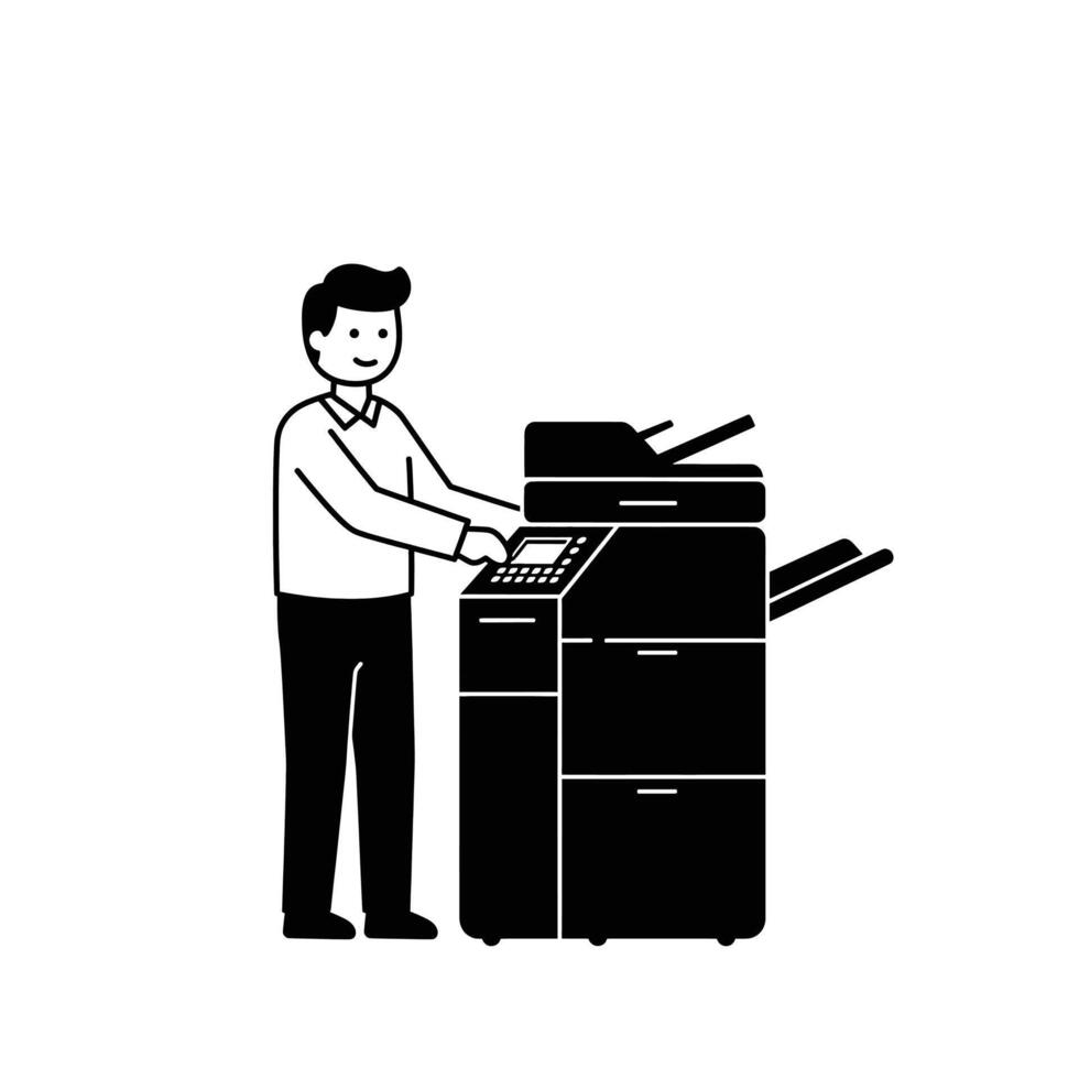 A man is standing next to a printer vector