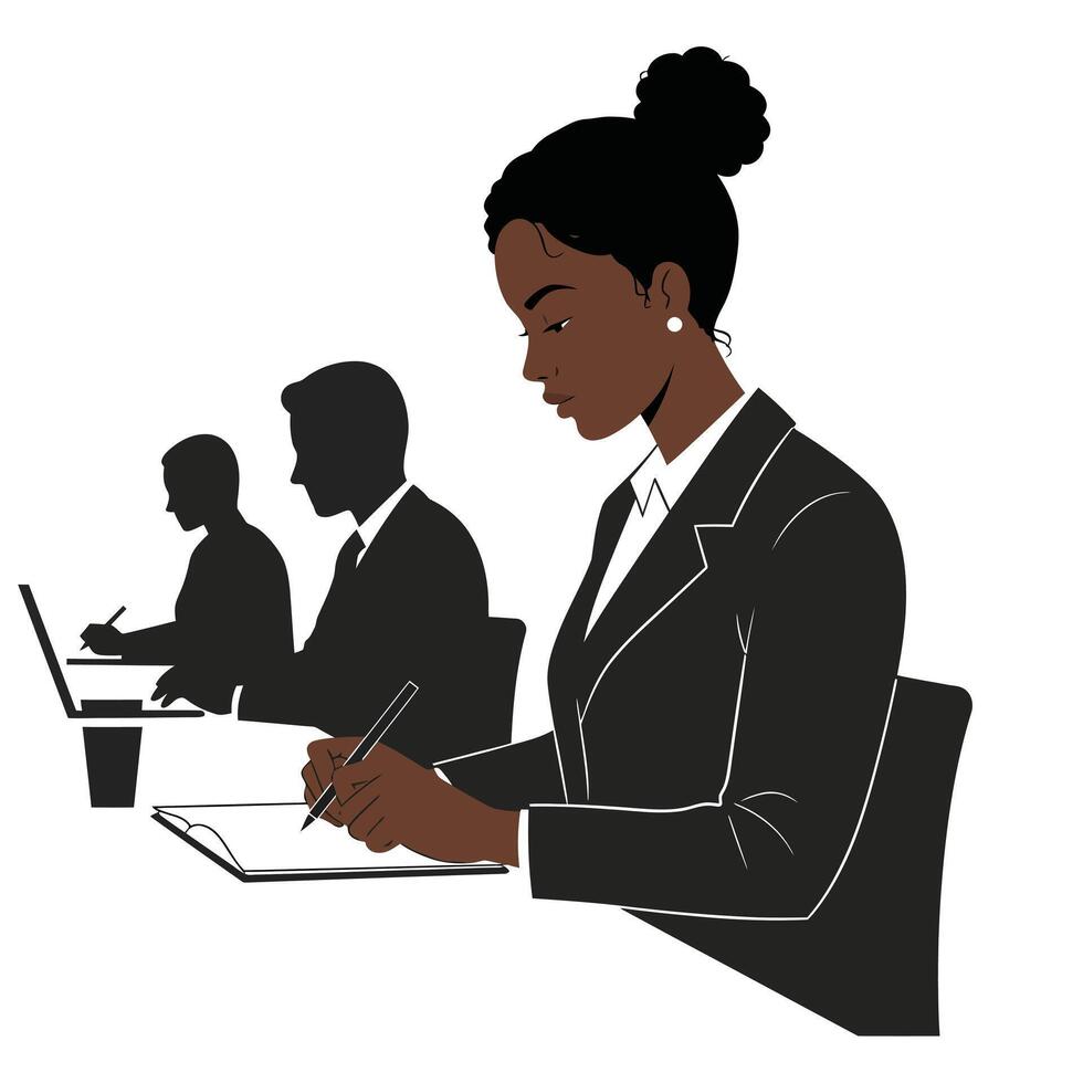 Businesswoman in business suit sitting at desk with laptop and pen vector