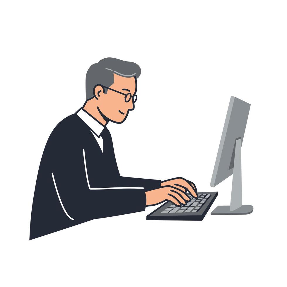 A man in a suit is working on a computer vector
