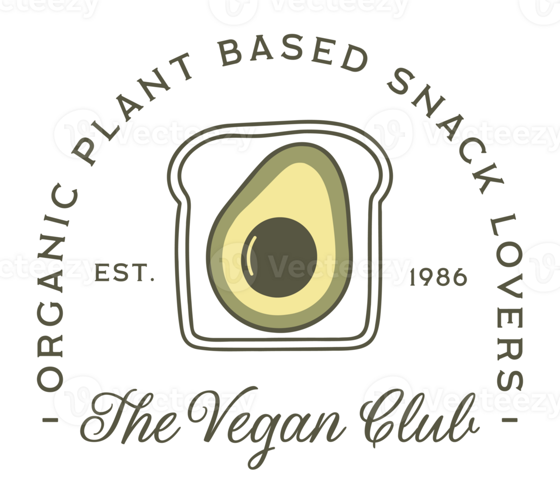 Vegan plant based snack lovers club logo cute avocado toast badge girls shirt design funny quote green retro vintage fancy aesthetic organic breakfast healthy food isolated transparent background png
