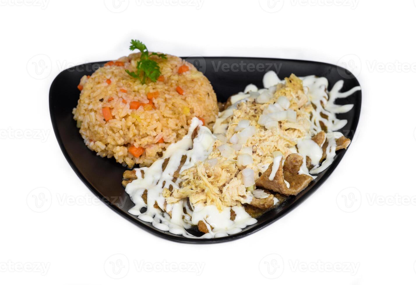 Chilaqules with rice Mexican sauces chili peppers and cherry tomatoes top view isolated on white background photo