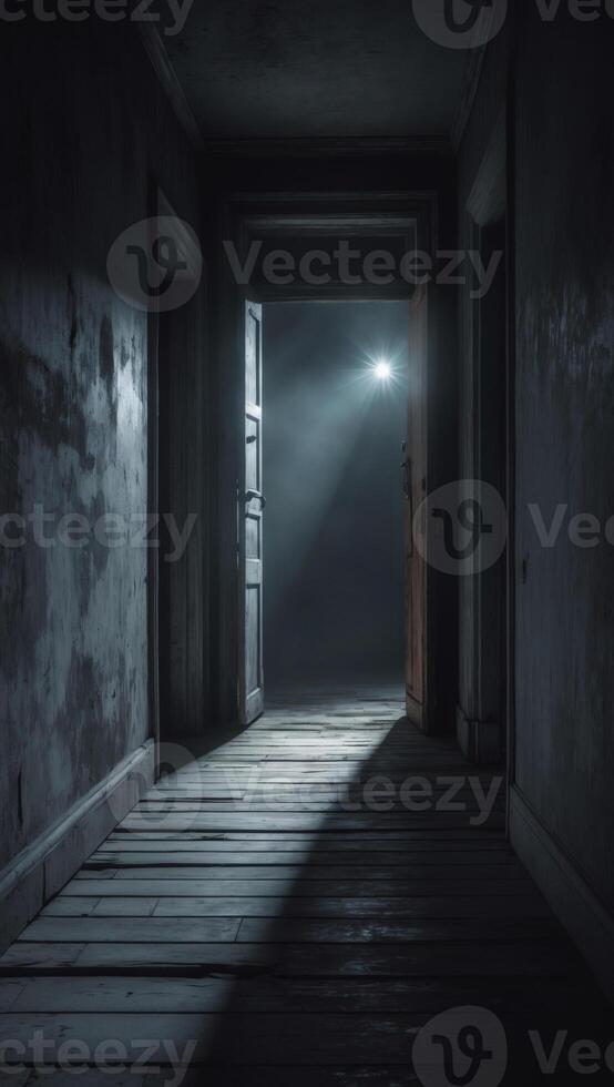 A dimly lit hallway beckons with an open door, a single ray of light shining through, creating an atmosphere of mystery and intrigue. photo