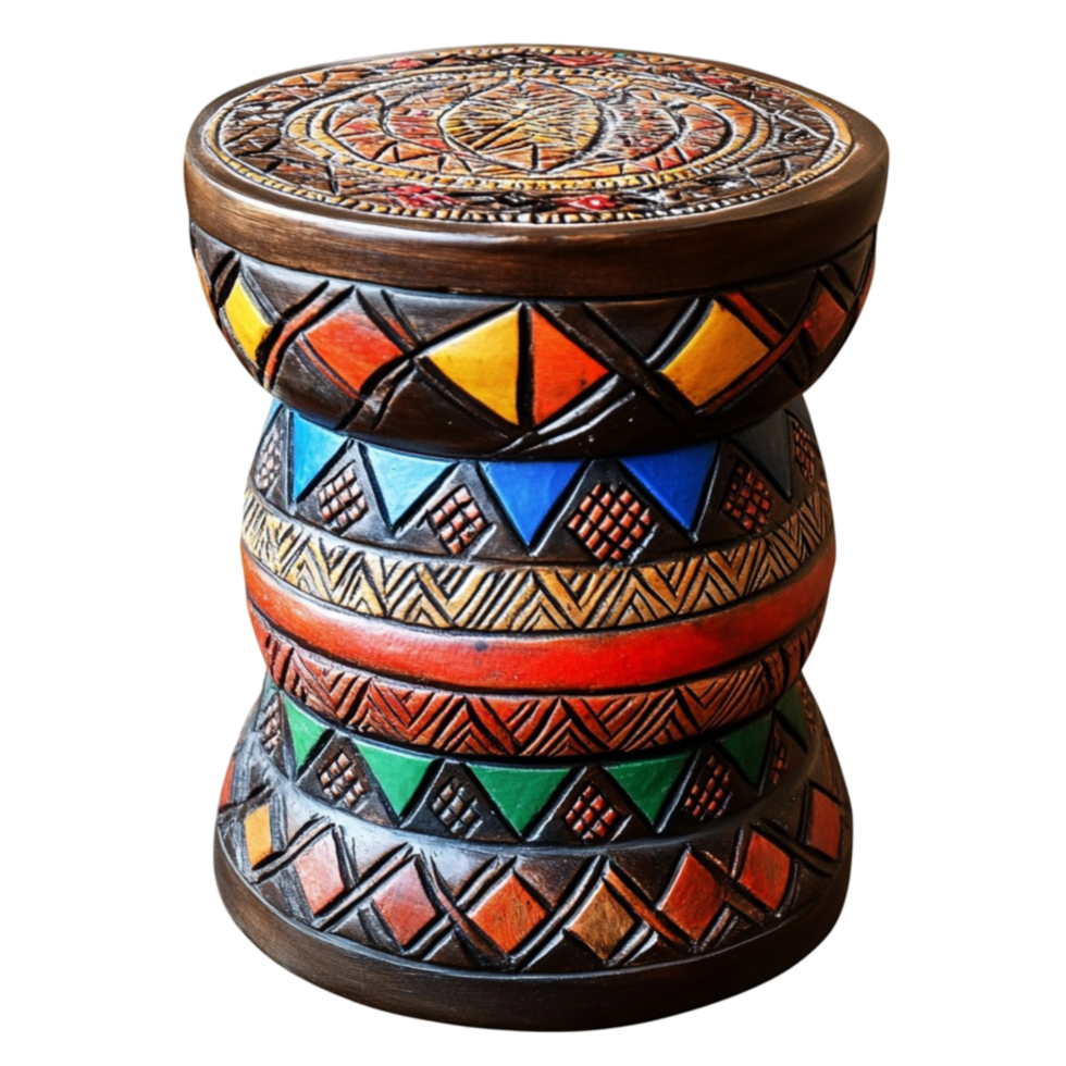 a wooden stool with colorful designs on it png
