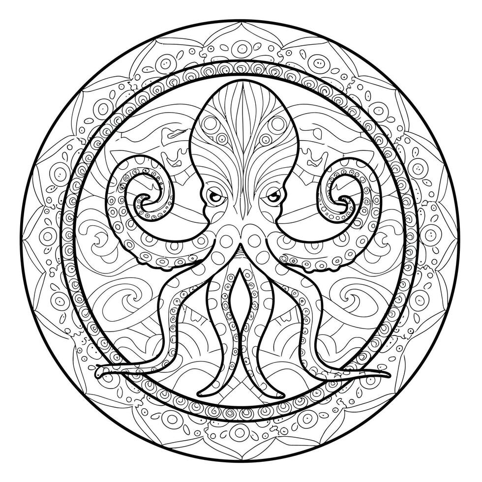 An octopus is shown in a circle coloring page vector