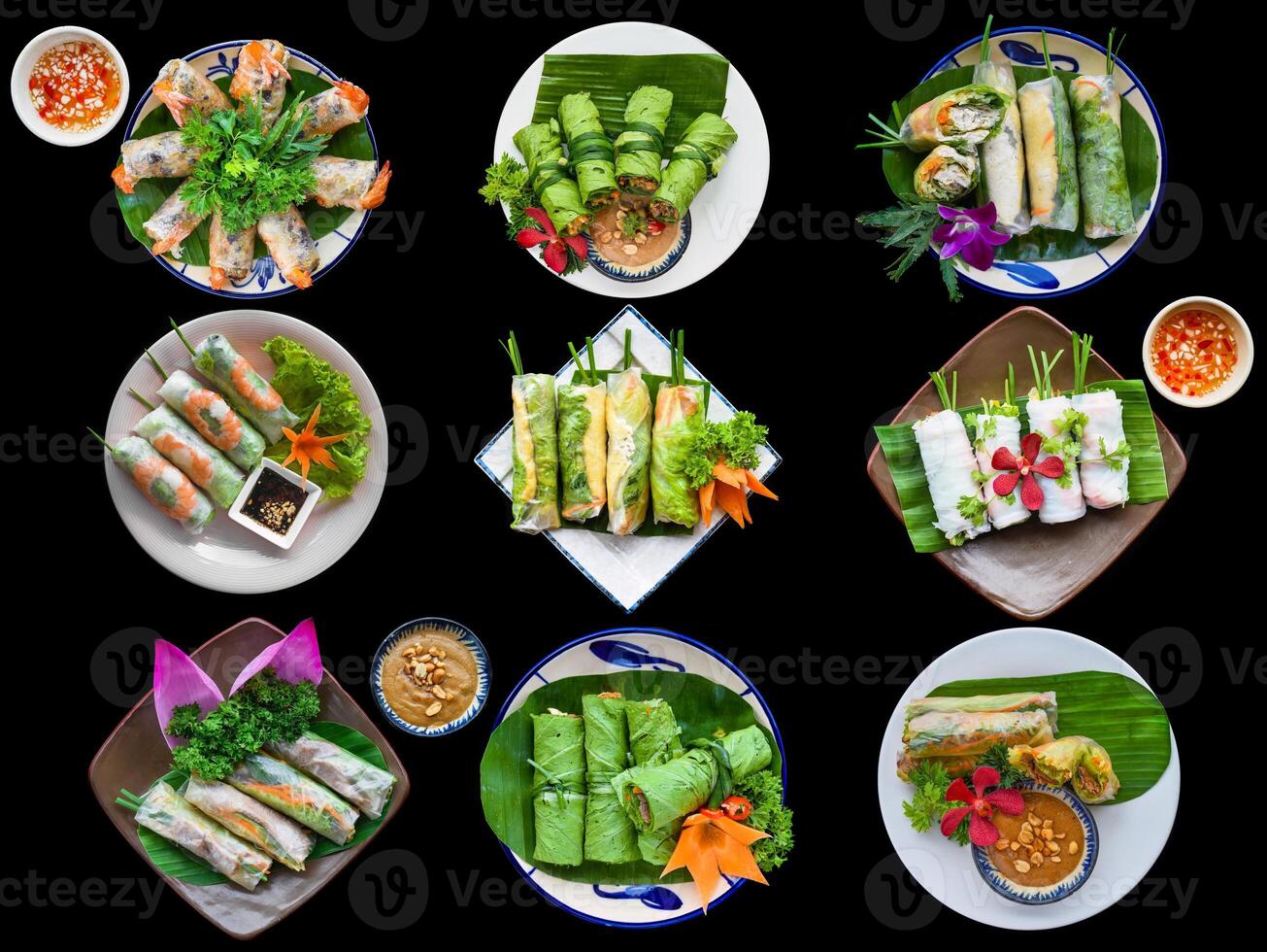Set collage of different types of vietnamese spring rolls on a black background photo