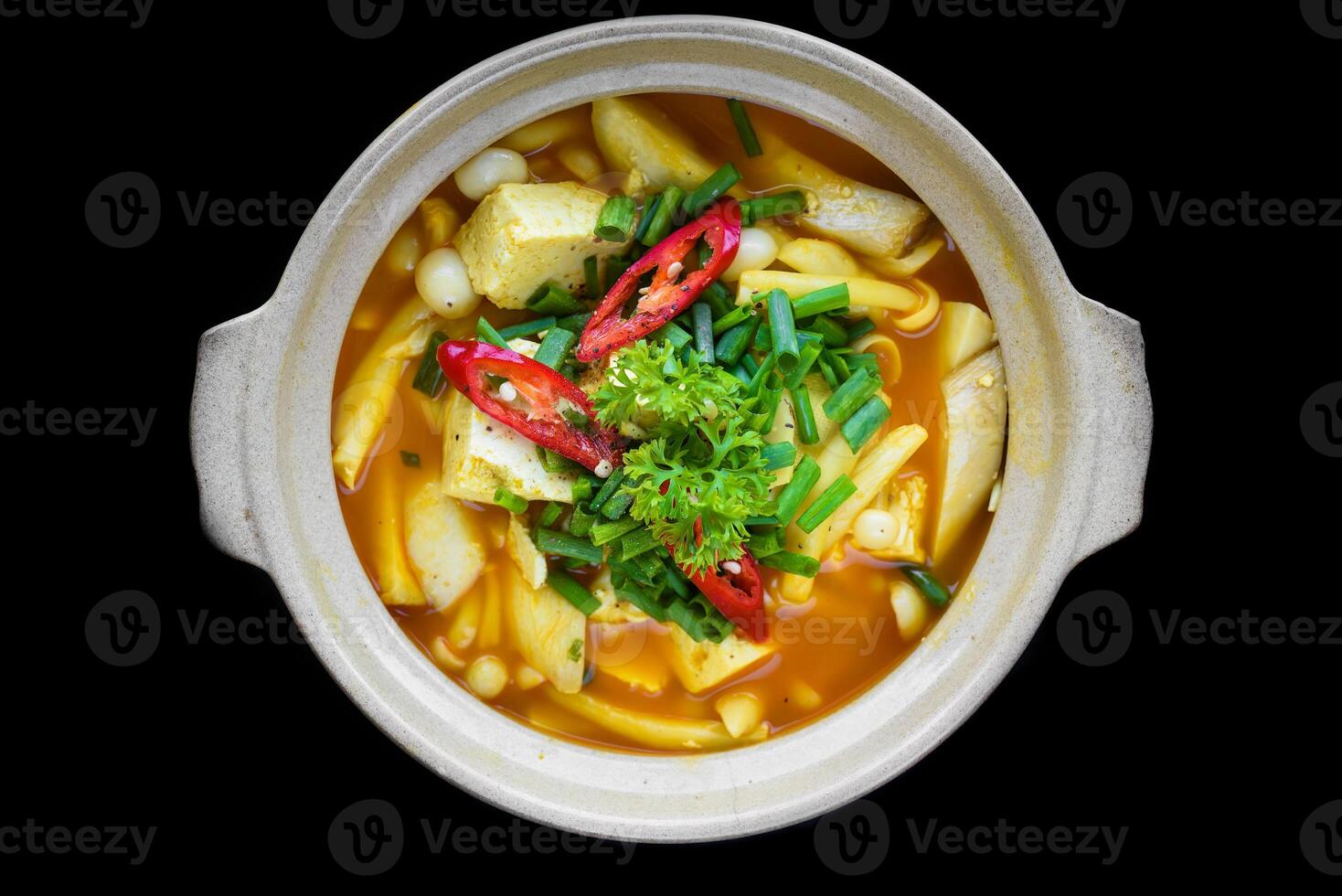 Vietnamese vegetairan soup with tofu, mushrooms and vegetables isolated on black background top view photo