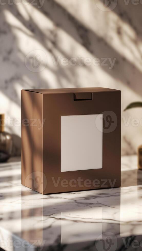 Sophisticated product packaging elegantly displayed with a luxurious marble background. The neutral tones create a serene atmosphere. photo