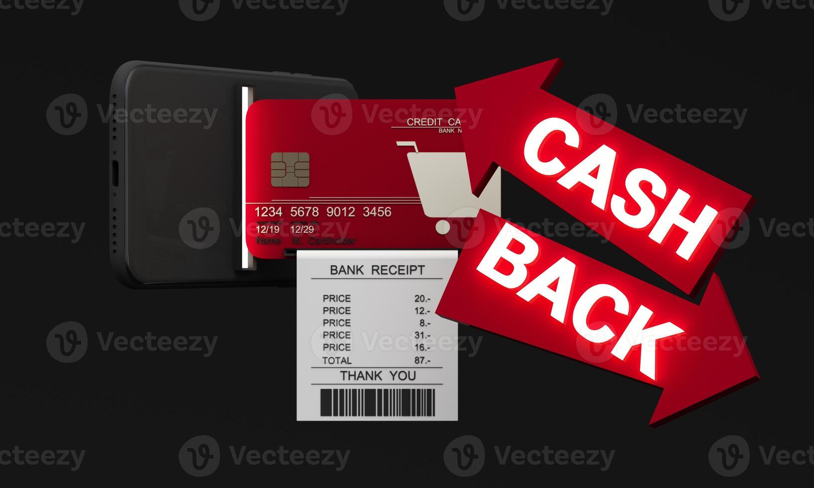 Cashback concept featuring glowing red arrows pointing towards a credit card, receipt, and smartphone, illustrating digital rewards and smart financial transactions. 3d rendering. photo