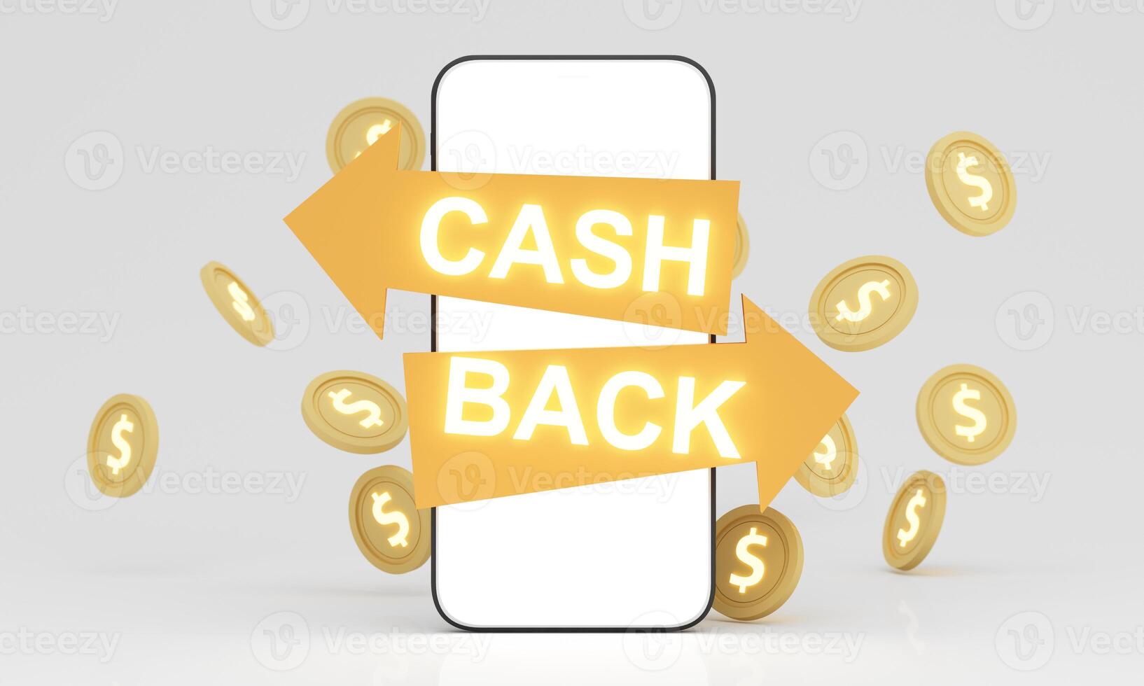 Cash Back arrows flow out from a smartphone, surrounded by floating coins. This symbolizes rewards, cashback benefits, and online transactions in the digital financial world. 3d rendering. photo