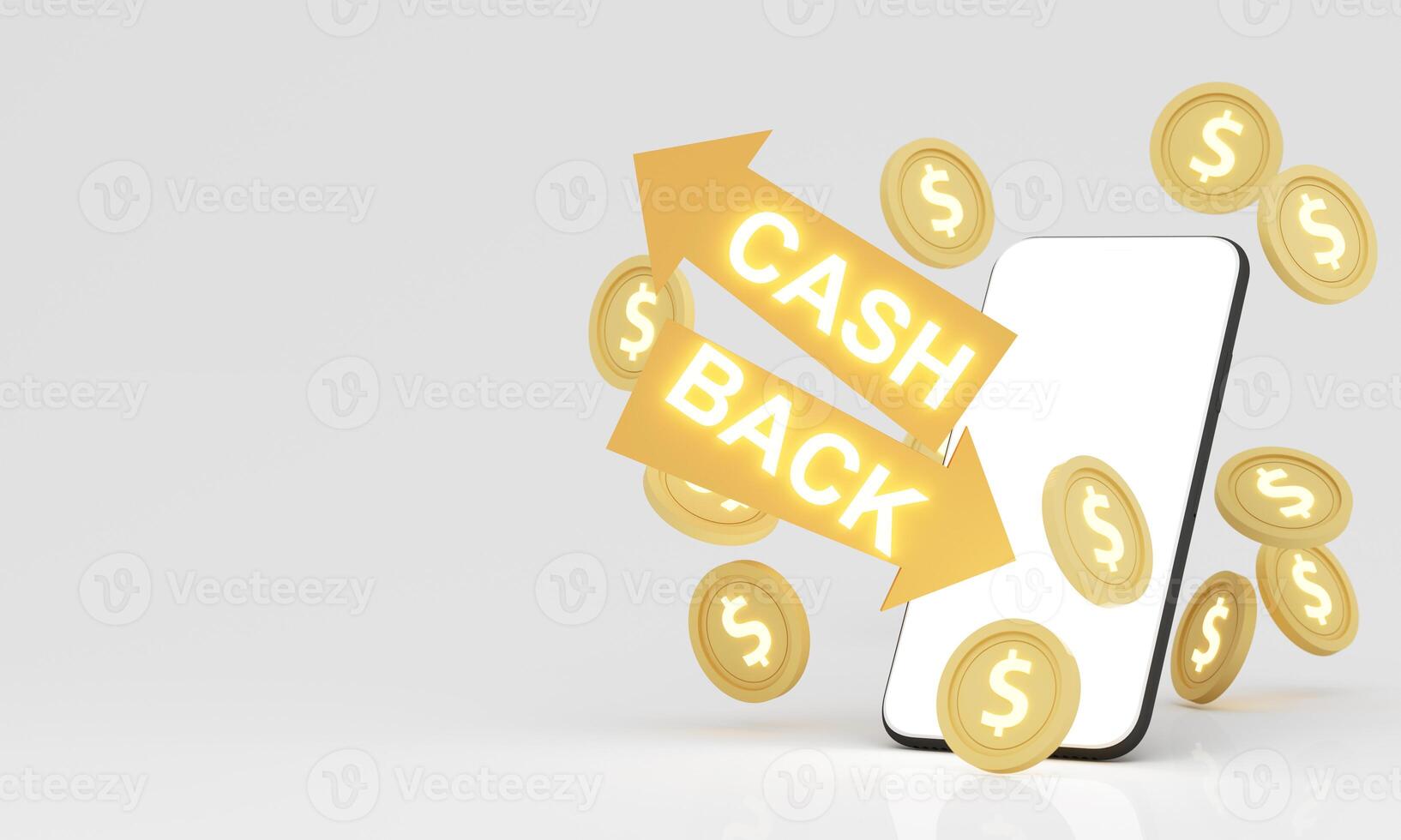 A smartphone with glowing Cash Back arrows surrounded by floating coins. This concept symbolizes financial rewards, digital spending, and smart savings in a digital age. 3d rendering. photo