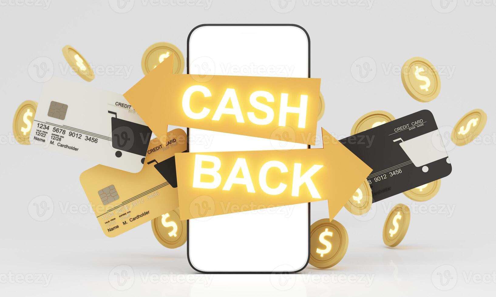Golden Cash Back arrows flow out from a smartphone, surrounded by floating coins. This symbolizes rewards, cashback benefits, and online transactions in the digital financial world. 3d rendering. photo