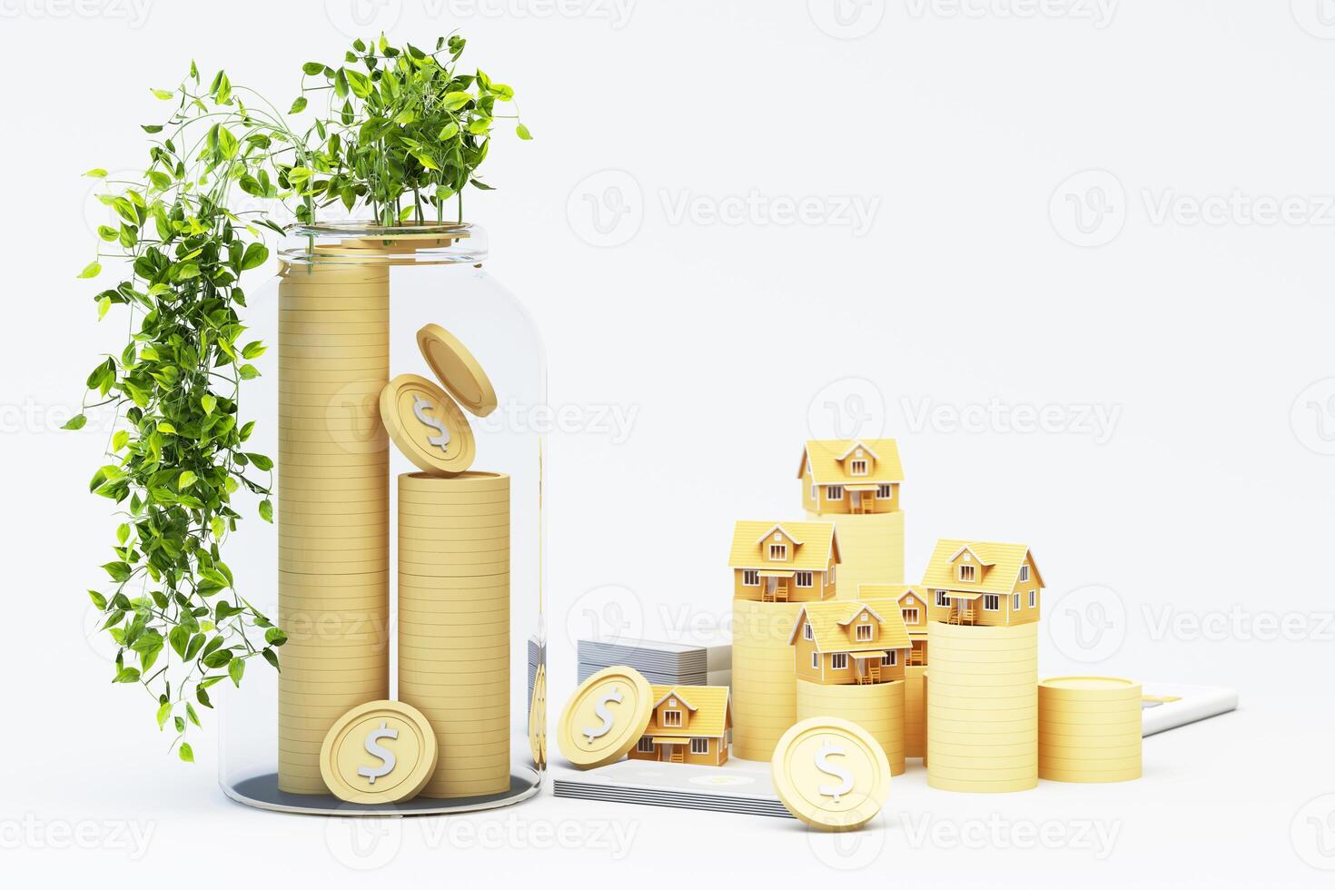 A transparent jar filled with stacked coins and green plants symbolizes financial growth. Small houses atop golden coin stacks represent investment and real estate market expansion. 3d rendering. photo
